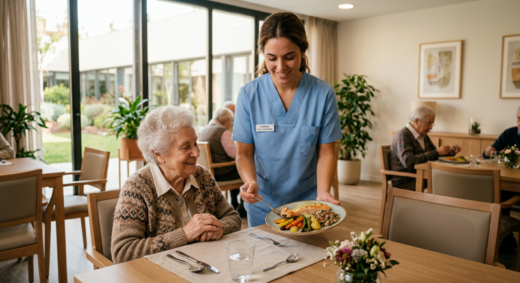 Auxiliar de residencia sirviendo un menú basado en la nutrición geriátrica